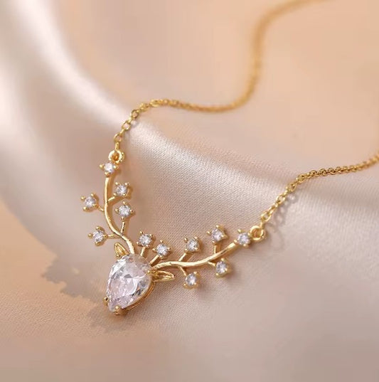 Deer Pendant Necklace With White Zircons.