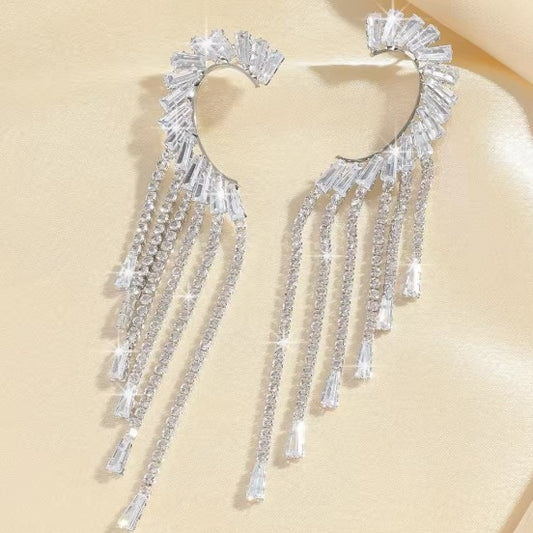 Silver-toned Rhinestone Tassel Drop Earrings.