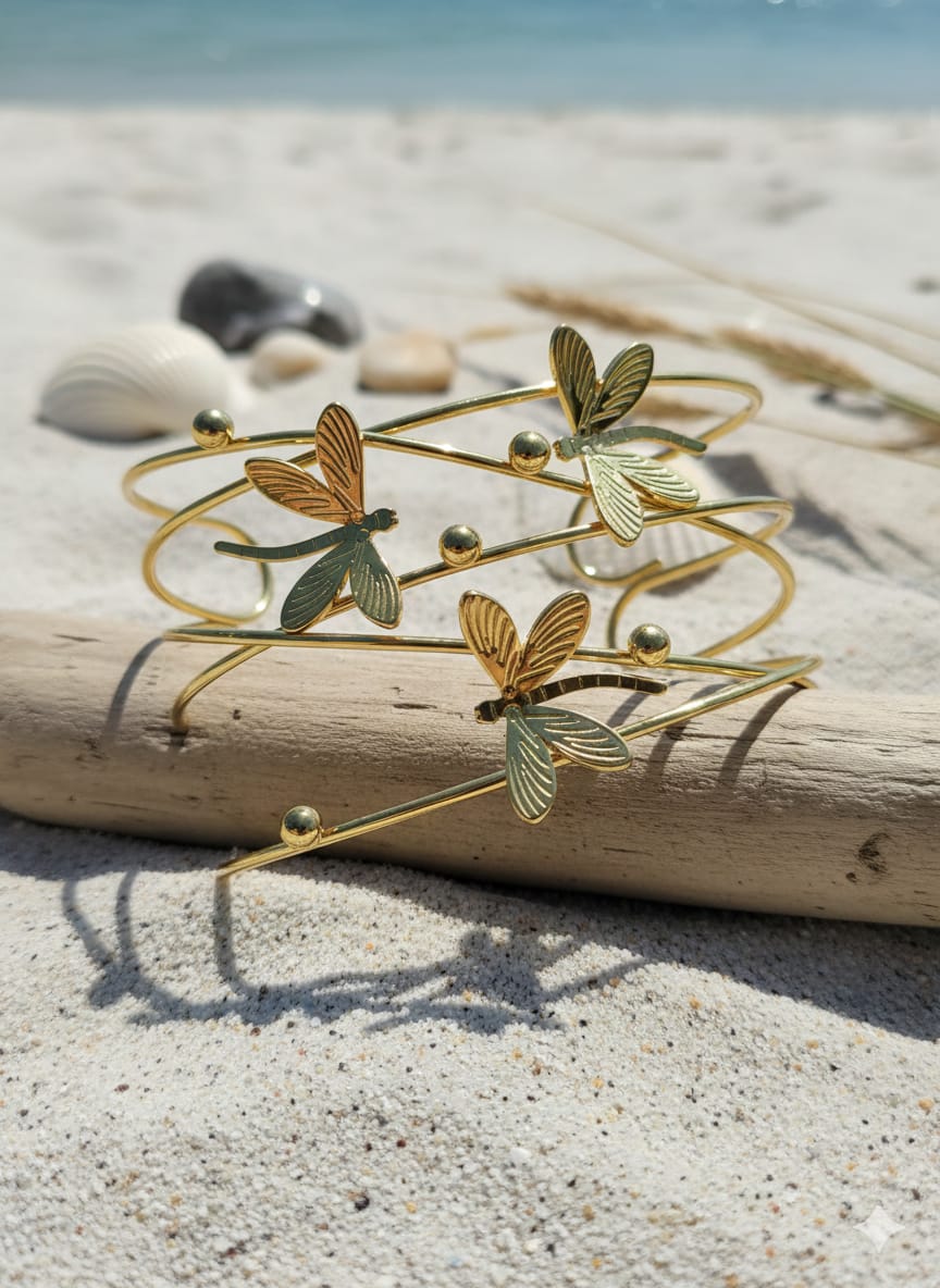 Stainless Steel Gold-Tone Dragonfly Motif Layered Open Cuff Bangle Bracelet