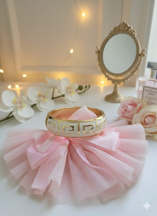 Stainless Steel Gold-Tone Greek Key White Enamel Bangle Bracelet