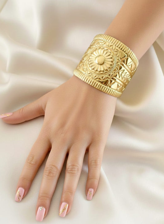 Stainless Steel Wide Gold Cuff  Bohemian Bracelet With An Embossed Medallion Pattern