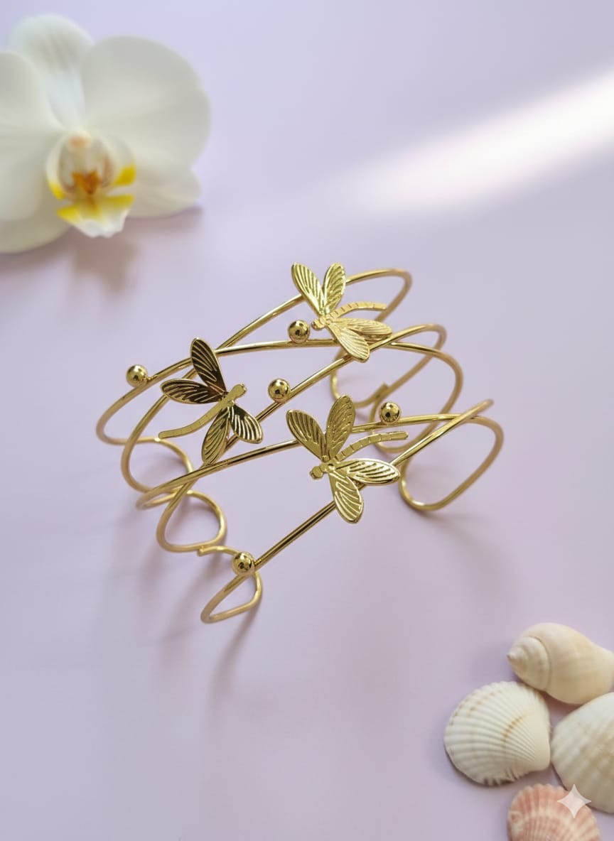 Stainless Steel Gold-Tone Dragonfly Motif Layered Open Cuff Bangle Bracelet