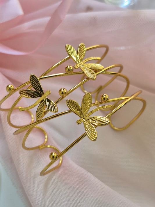 Stainless Steel Gold-Tone Dragonfly Motif Layered Open Cuff Bangle Bracelet