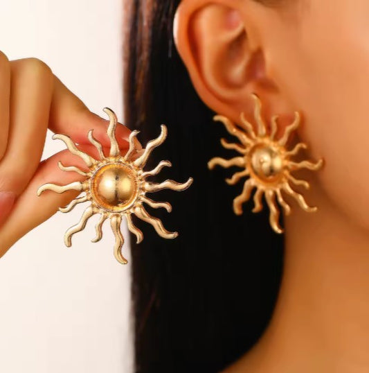 Stainless Steel Gold Plated  Sunburst Stud Earrings.
