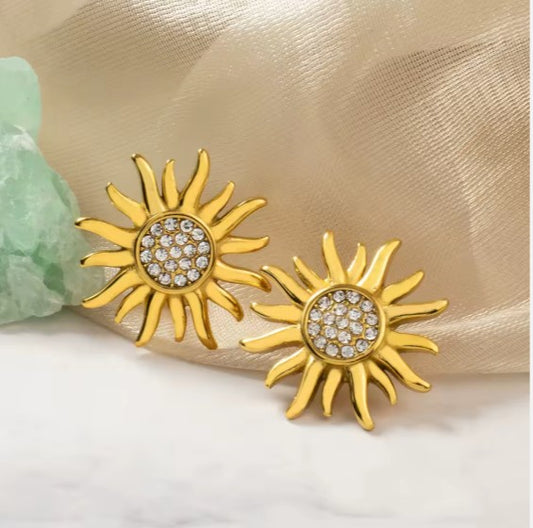 Gold-tone Sun Stud Earrings With Cubic Zirconia Stones.