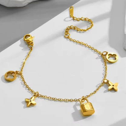 Classic Gold Plated Stainless Steel Chain Bracelet with clover and lock charms