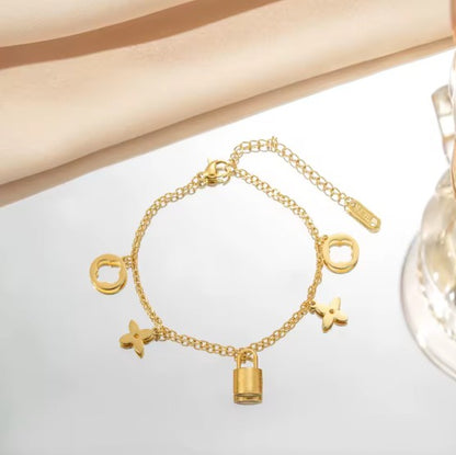 Classic Gold Plated Stainless Steel Chain Bracelet with clover and lock charms