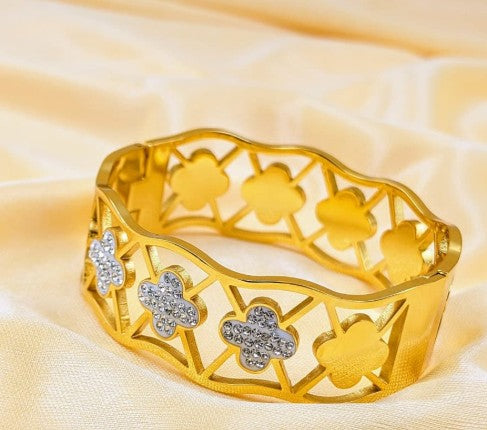 Gold Plated Stainless Steel Clover Bracelet with white stones