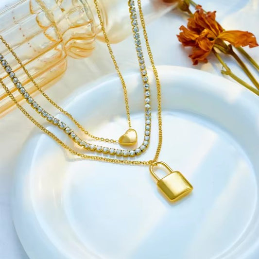 Multi Layer Zircon Stainless Steel Gold Plated Heart Lock Pendant Necklace