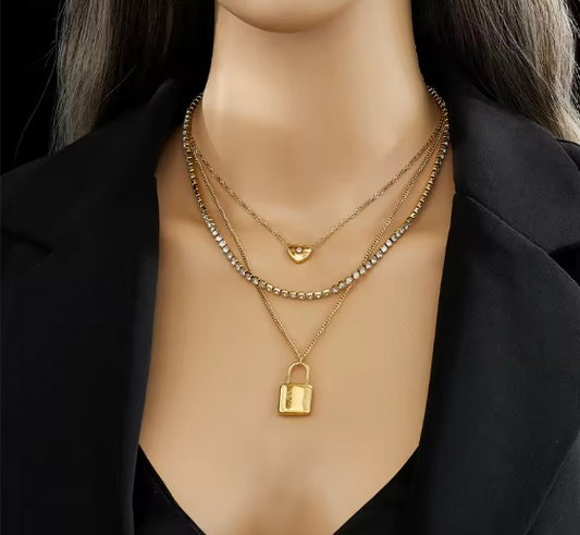 Multi Layer Heart and Lock Zirconia studed Pendant Necklace