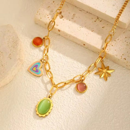 Link Chain Necklace With A Heart  And Colorful Gemstone charms