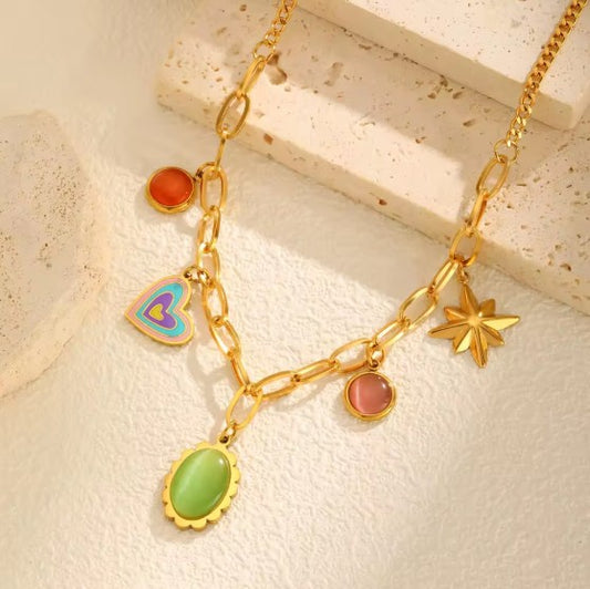 Link Chain Necklace With A Heart  And Colorful Gemstone charms