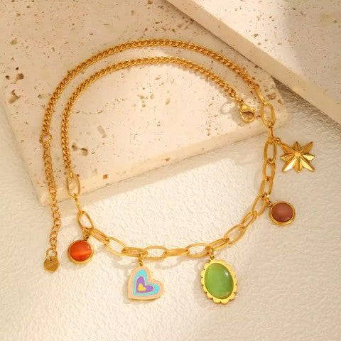 Link Chain Necklace With A Heart  And Colorful Gemstone charms