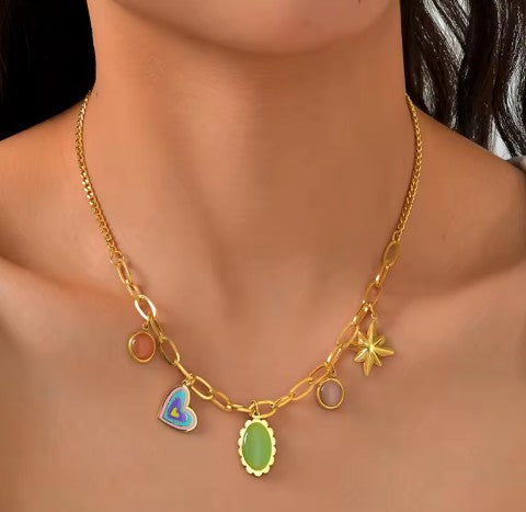 Link Chain Necklace With A Heart  And Colorful Gemstone charms