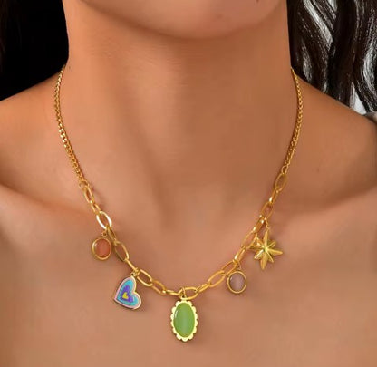 Link Chain Necklace With A Heart  And Colorful Gemstone charms