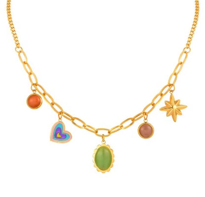 Link Chain Necklace With A Heart  And Colorful Gemstone charms