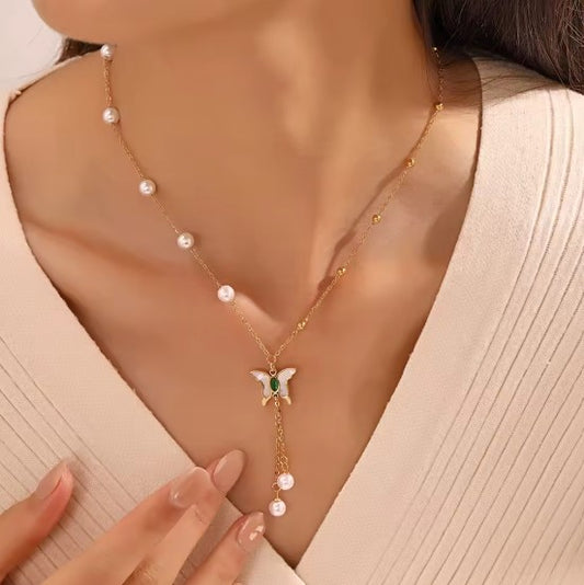 Butterfly Pearl Tassel Pendant Necklace
