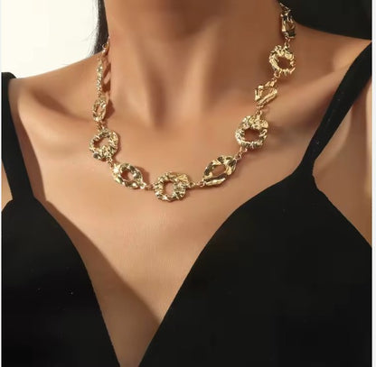 Stainless Steel Chunky Textured Interlocking Link Gold-Tone Statement Necklace