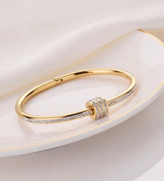 Gold Plated  Stainless Steel American Diamond Studded Bangle Style Bracelet
