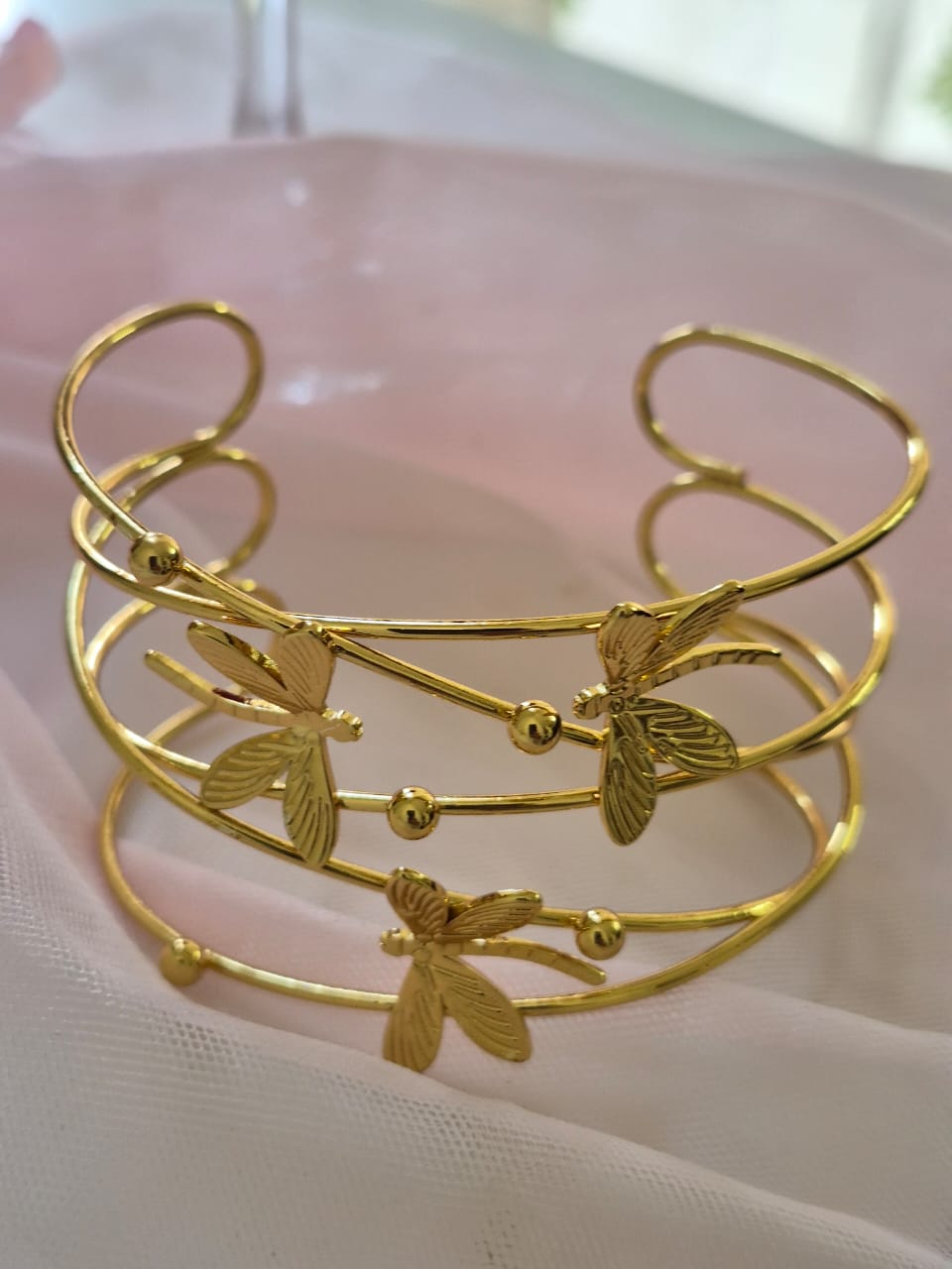 Stainless Steel Gold-Tone Dragonfly Motif Layered Open Cuff Bangle Bracelet