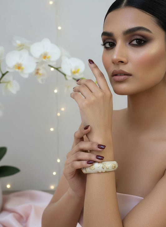 Gold-Tone Floral & Leaf White Enamel Bangle Bracelet