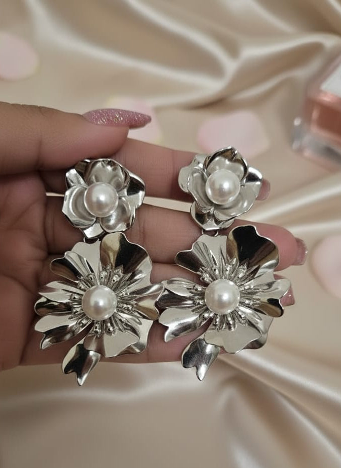 Silver Bloom Statement Earrings with Luminous Pearl Accents