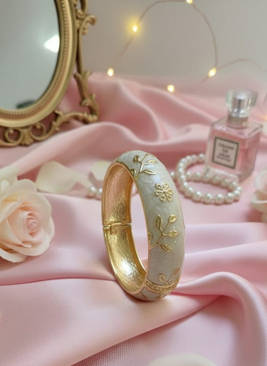 Gold-Tone Floral & Leaf White Enamel Bangle Bracelet