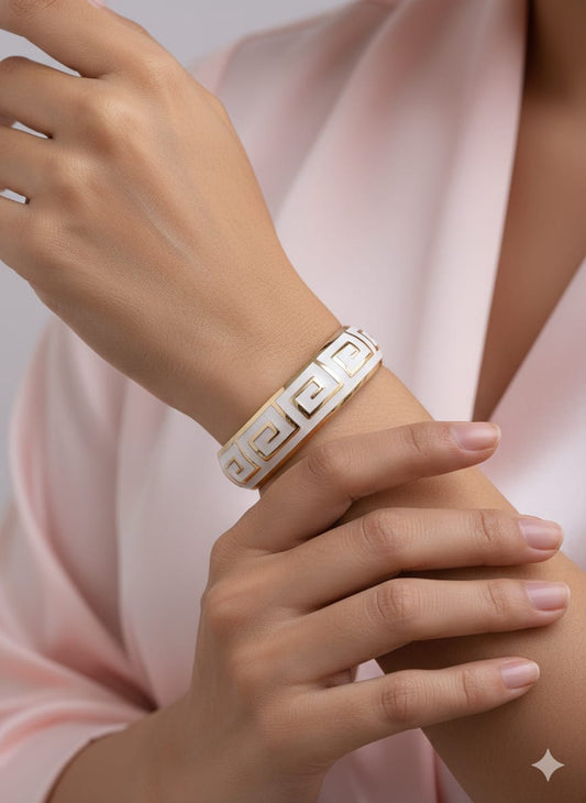 Stainless Steel Gold-Tone Greek Key White Enamel Bangle Bracelet