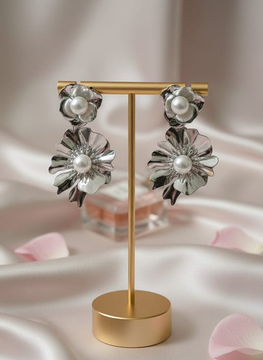 Silver Bloom Statement Earrings with Luminous Pearl Accents